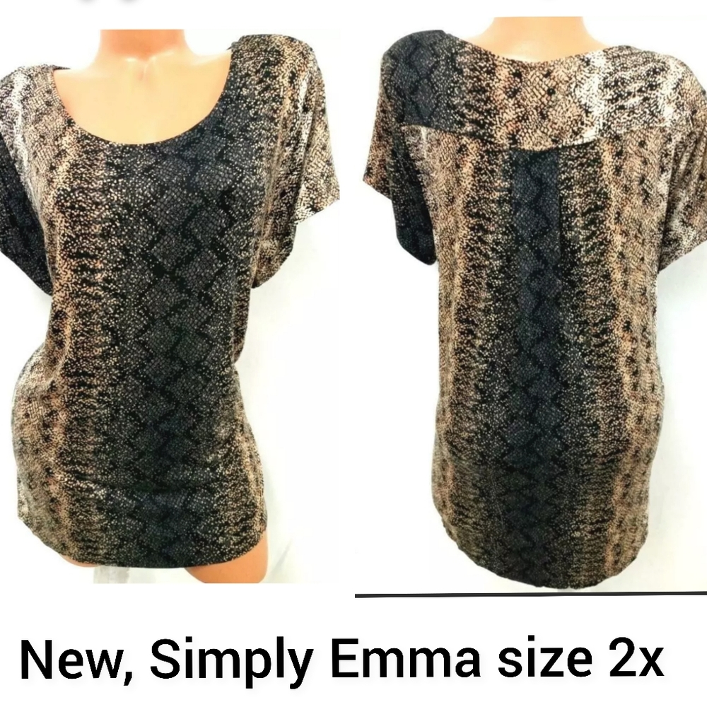 Simply Emma brown and black abstract print spandex stretch top size 2X